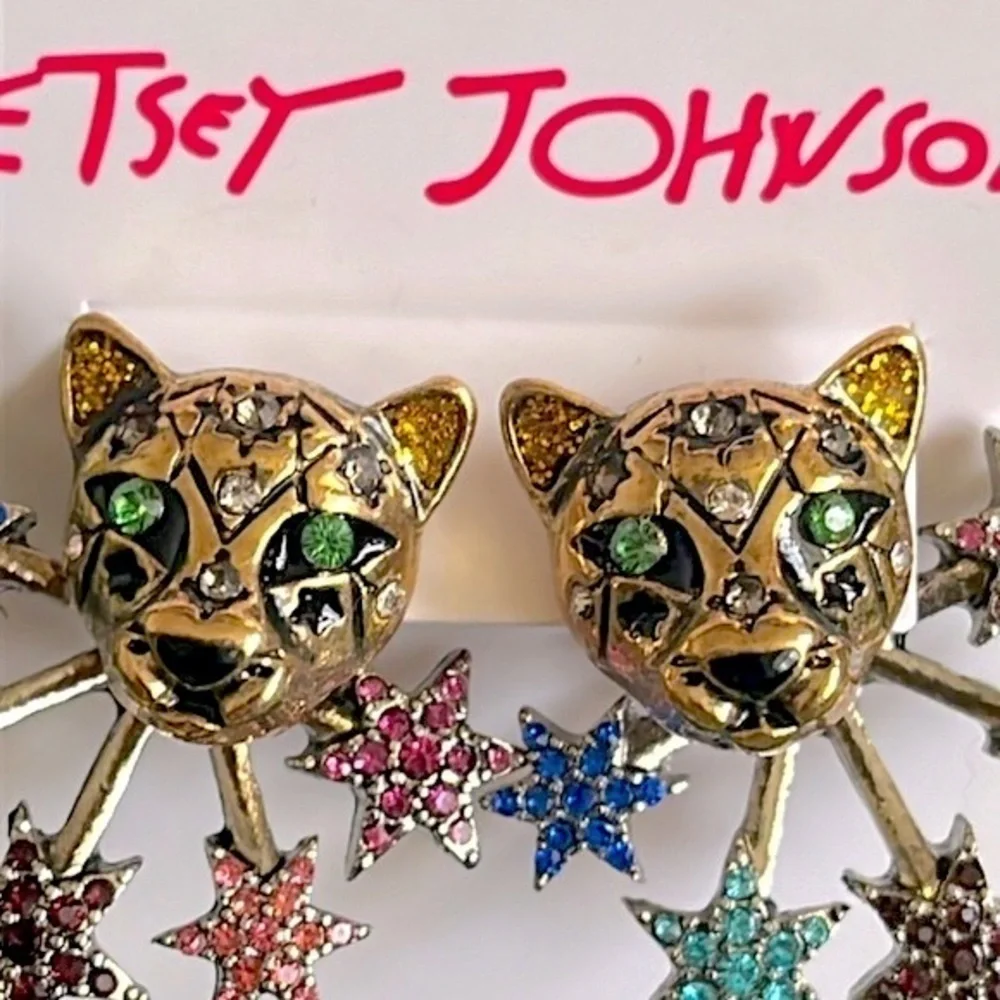 Brand New Betsey Johnson Leopard Colorful Stars Front Back Post Earrings Jungle - Picture 6 of 9